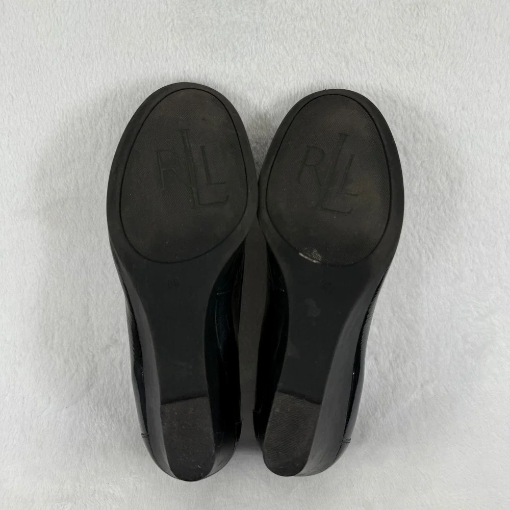 Lauren Ralph Lauren‎ Black Patent Leather Wedge Loafers with Gold Accents 8 READ